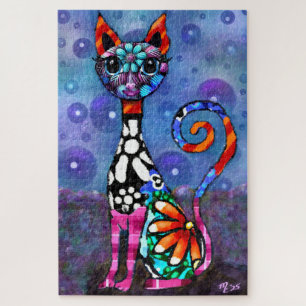 Quebra-cabeça Gato Abstrato Esquisito de Olhos Grandes e Funky