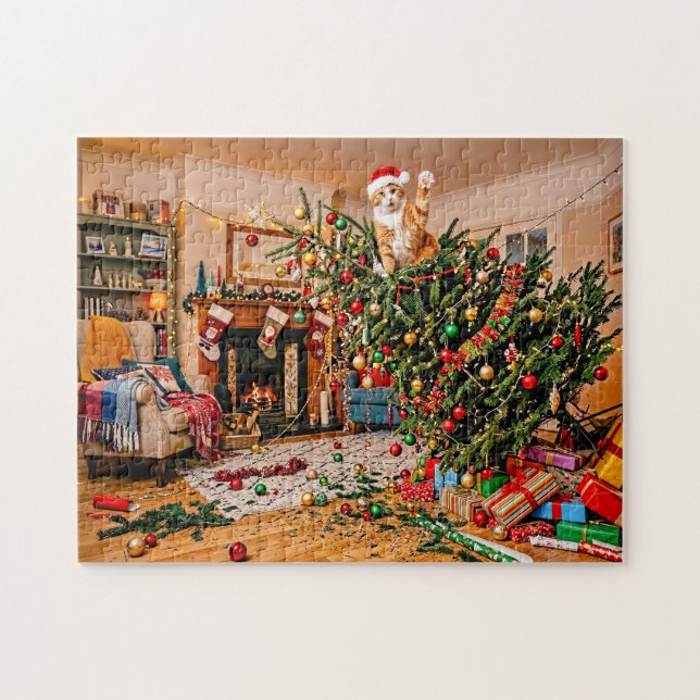 Quebra-cabeça Gato Acenando da Árvore de Natal (Horizontal)