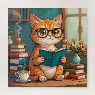 Quebra-cabeça Gato Adorável Vestindo Óculos Lendo Livro