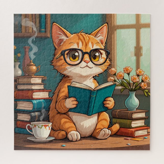 Quebra-cabeça Gato Adorável Vestindo Óculos Lendo Livro (Vertical)