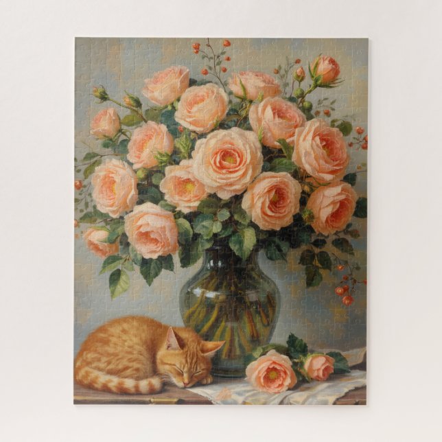 Quebra-cabeça Gato Adormecido e Rosas (Vertical)