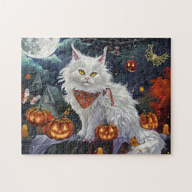 Quebra-cabeça Gato Angora Turco Halloween Assustador (Horizontal)