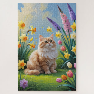 Quebra-cabeça Gato Angora Turco Pintura de Flores de Primavera