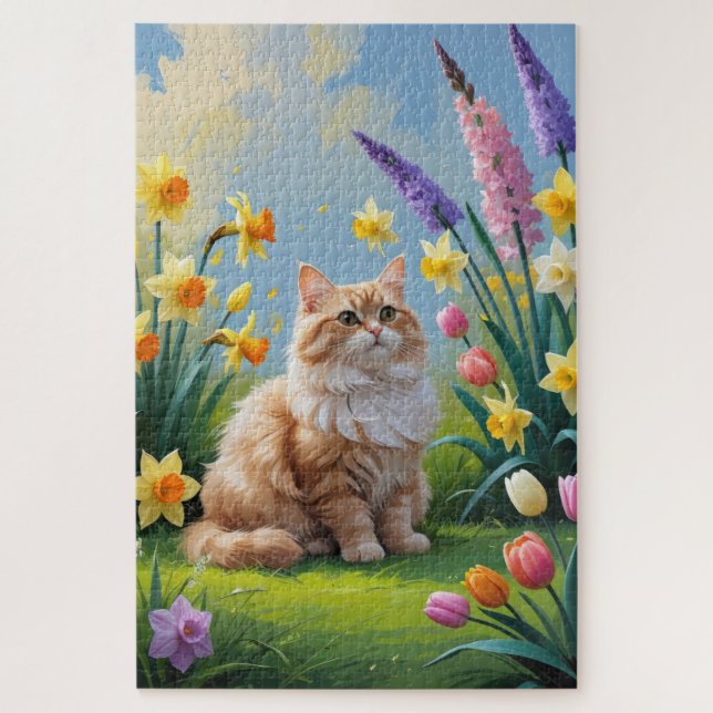 Quebra-cabeça Gato Angora Turco Pintura de Flores de Primavera (Vertical)