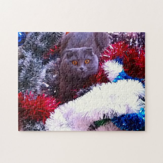 Quebra-cabeça Gato azul britânico de Natal (Horizontal)
