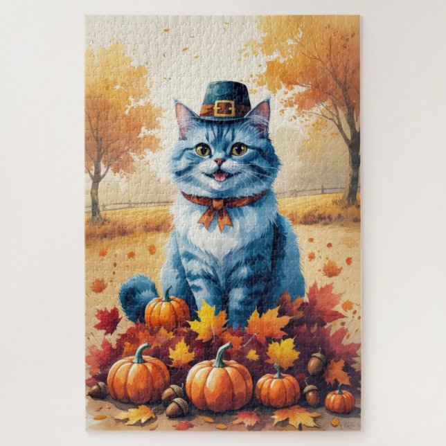 Quebra-cabeça Gato Azul Oriental nas Folhas de Outono de Ação de (Vertical)