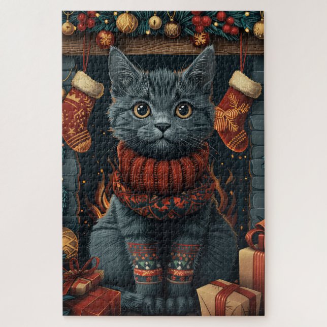 Quebra-cabeça Gato Azul Russo Com Lareira De Presentes De Natal (Vertical)