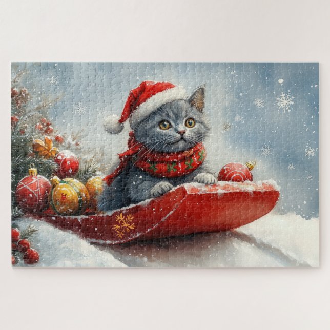 Quebra-cabeça Gato Azul Russo em Trenó Deixe Nevar Natal (Horizontal)