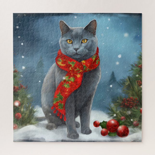 Quebra-cabeça Gato Azul Russo na Neve Natal (Vertical)