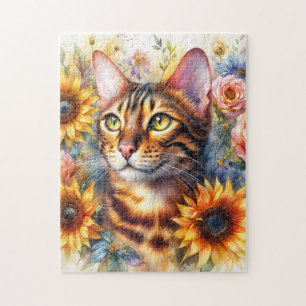 Quebra-cabeça Gato Bengal Aquarela Floral