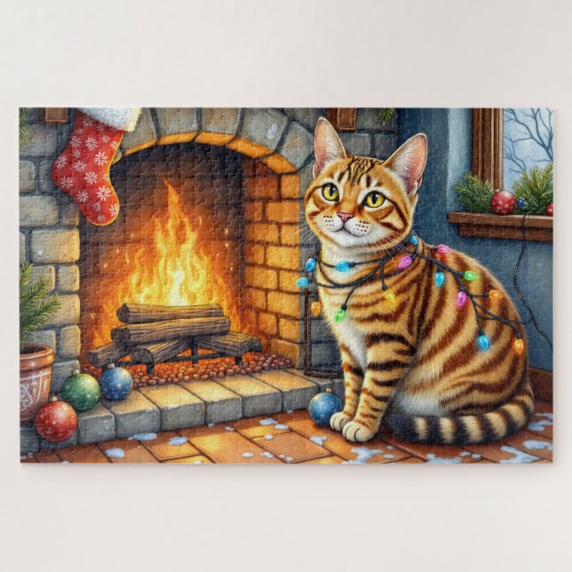Quebra-cabeça Gato Bengal lareira com luzes de Natal (Horizontal)