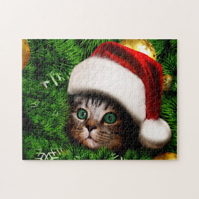 Quebra-cabeça Gato bonito na árvore de Natal (Horizontal)
