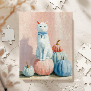 Quebra-cabeça Gato Branco de Outono com Abóboras