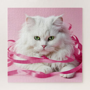 Quebra-cabeça Gato Branco Em Fitas Rosa