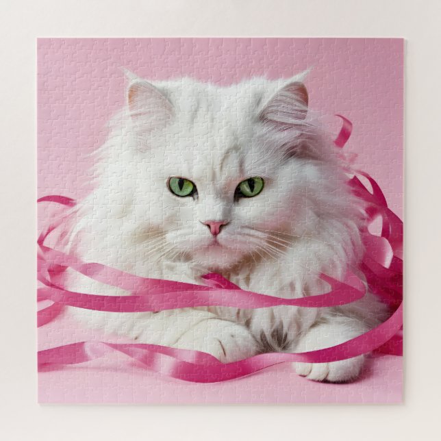 Quebra-cabeça Gato Branco Em Fitas Rosa (Horizontal)