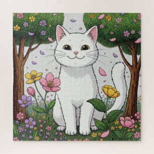 Quebra-cabeça Gato Branco em um Jardim Colorido