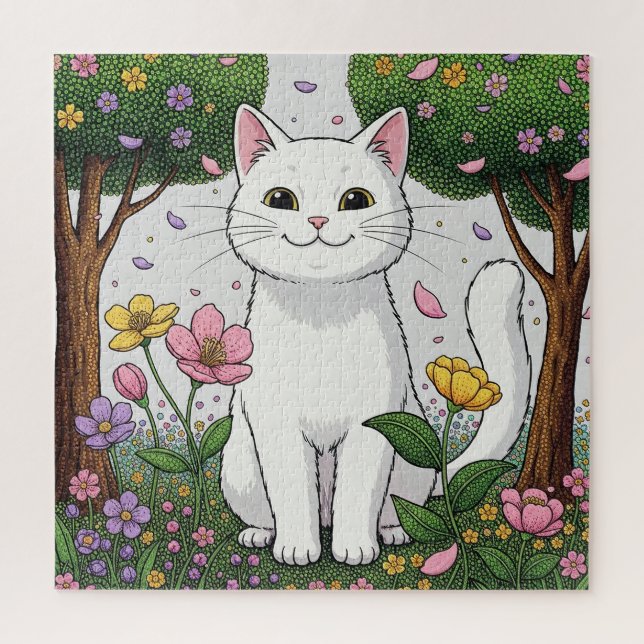 Quebra-cabeça Gato Branco em um Jardim Colorido (Vertical)