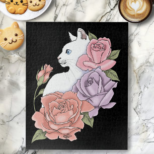 Quebra-cabeça Gato Branco Floral Pastel Botânico Romântico Preto
