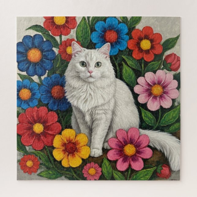 Quebra-cabeça Gato Branco Fofinho e Flores de Arte Popular (Vertical)