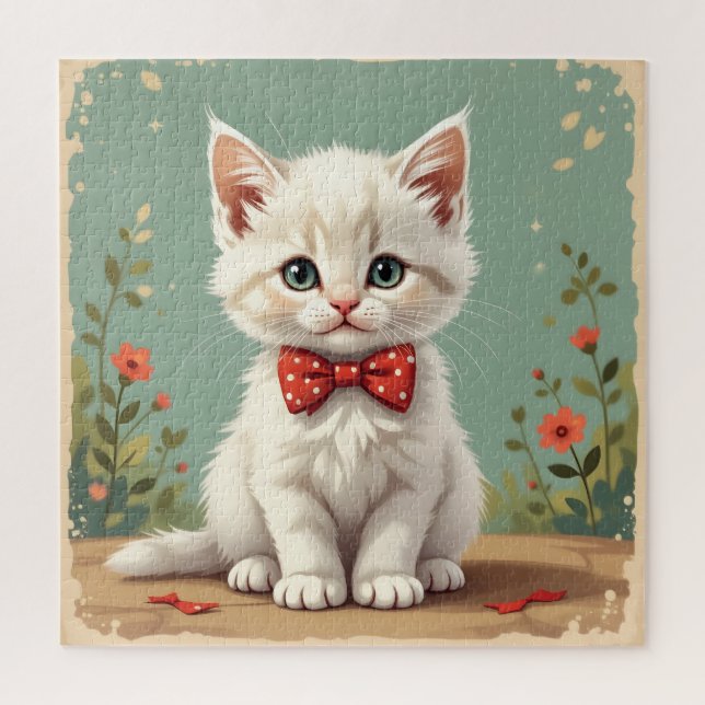 Quebra-cabeça Gato branco fofo e adorável com gravata borboleta (Vertical)