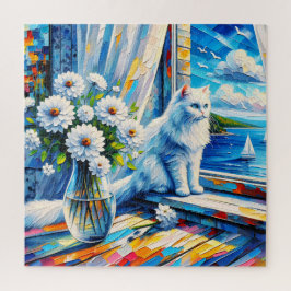 Quebra-cabeça Gato Branco na Janela ainda olhando para o Oceano