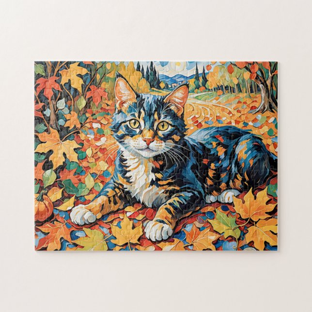 Quebra-cabeça Gato Brincalhão em Folhas de Outono (Horizontal)
