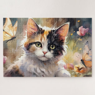 Quebra-cabeça Gato Calico e Borboletas no Jardim de Primavera