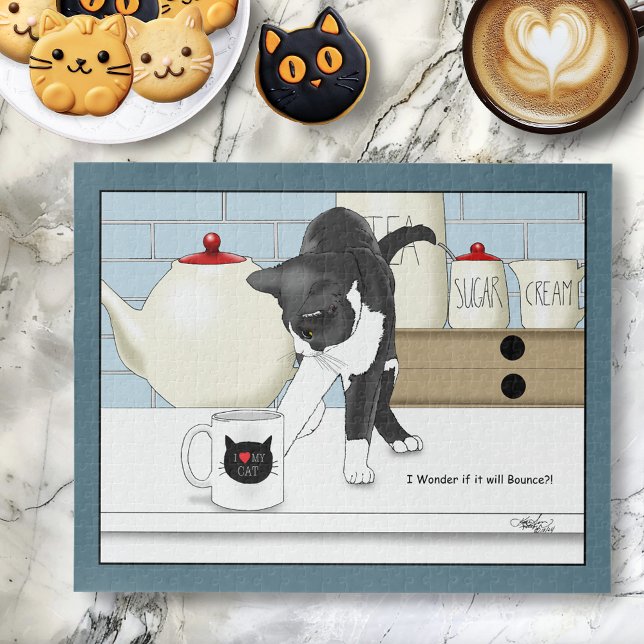 Quebra-cabeça Gato Cinza Branco Curioso Caneca de Chá Engraçada  (Criador carregado)
