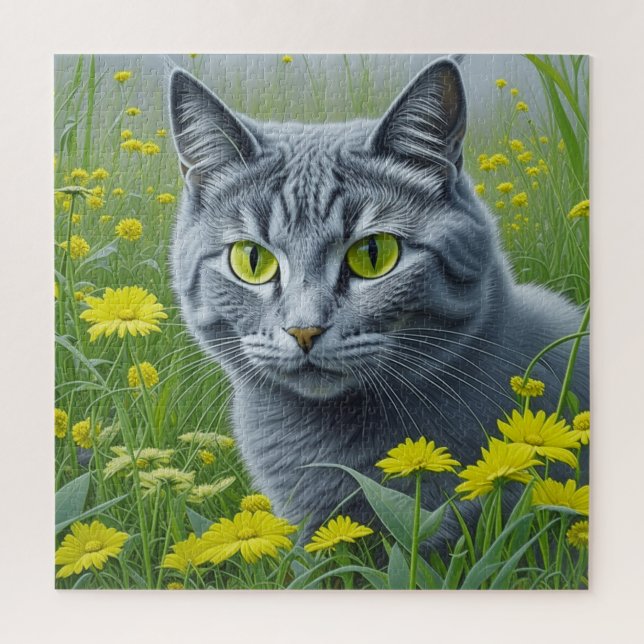 Quebra-cabeça Gato Cinza Fofo com Olhos Amarelos Arte de IA (Vertical)