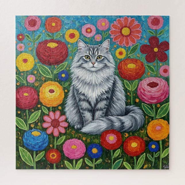 Quebra-cabeça Gato Cinza Listrado Fofo com Flores da Arte Folcló (Vertical)