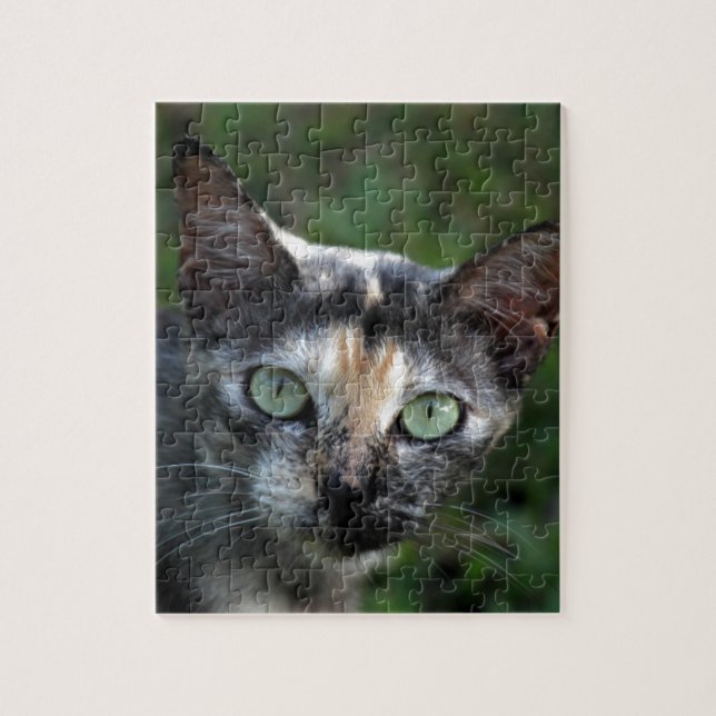 Quebra-cabeça Gato Cinza Marrom Branco com Olhos Verdes (Vertical)