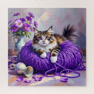 Quebra-cabeça Gato com Olhos Roxos em Fio de Lã Roxa e Flores