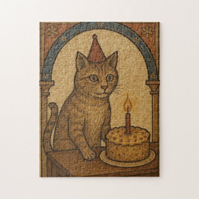 Quebra-cabeça Gato de Aniversário Medieval (Vertical)