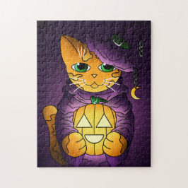 Quebra-cabeça Gato de Bruxas de Halloween Roxo