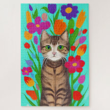 Gato de Cinzas Bonitas com Flores Coloridas