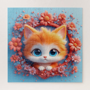 Quebra-cabeça Gato de Desenho Animado Adorável Rodeado por Flore