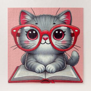 Quebra-cabeça Gato de desenho animado fofo usando óculos