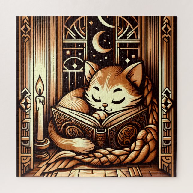 Quebra-cabeça Gato de estilo Art Déco dormindo com um livro (Vertical)