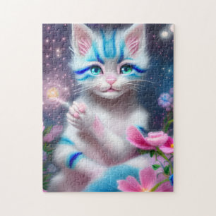 Quebra-cabeça Gato de gato branco Kawaii listrado, rosa e azul