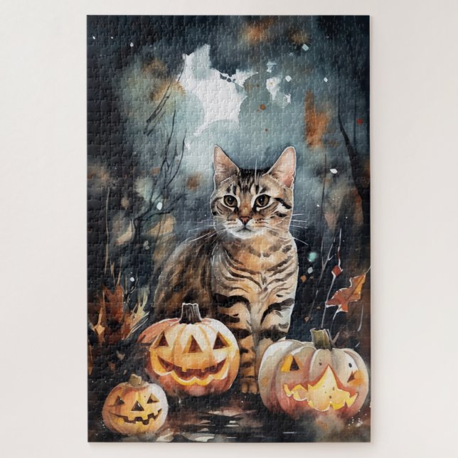 Quebra-cabeça Gato de Halloween Bengal com Pumpkins assustado (Vertical)