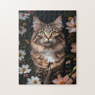Quebra-cabeça Gato de Maine Coon cercado por flores