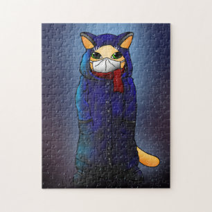 Quebra-cabeça Gato de máscara de chuva noturna