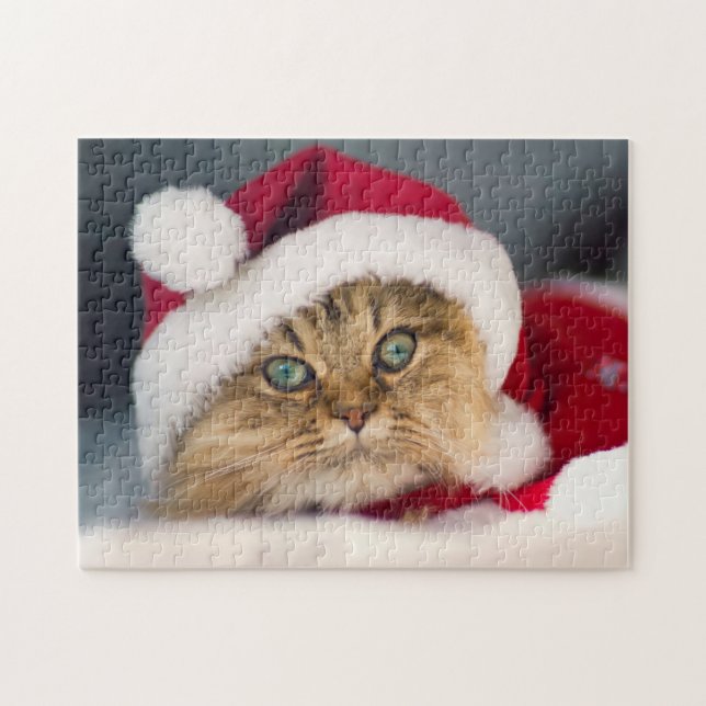 Quebra-cabeça Gato de Natal bonito deitado (Horizontal)