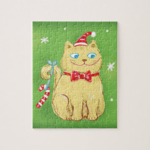 Quebra-cabeça Gato de Natal de desenho animado fofo com chapéu d