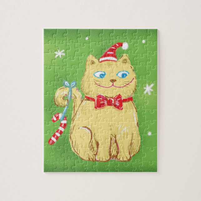Quebra-cabeça Gato de Natal de desenho animado fofo com chapéu d (Vertical)