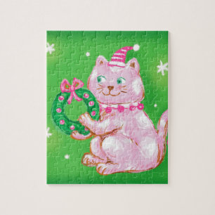 Quebra-cabeça Gato de Natal de Desenho Animado Fofo Segurando Co