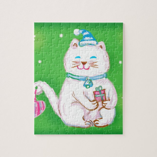 Quebra-cabeça Gato de Natal de Desenho Animado Fofo Usando um Ch (Vertical)