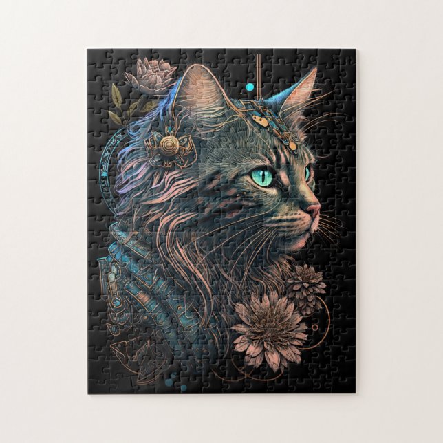 Quebra-cabeça Gato de olho azul fantasma com flores Arte AI (Vertical)