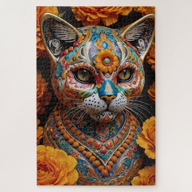 Quebra-cabeça Gato de Porcelana Floral com Olhos Reais (Vertical)