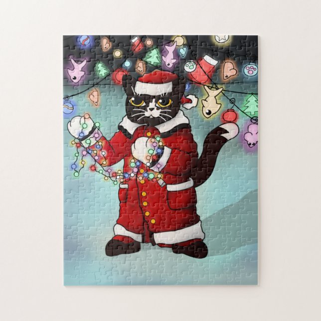 Quebra-cabeça Gato de Tuxedo Bonito das Luzes de Natal (Vertical)